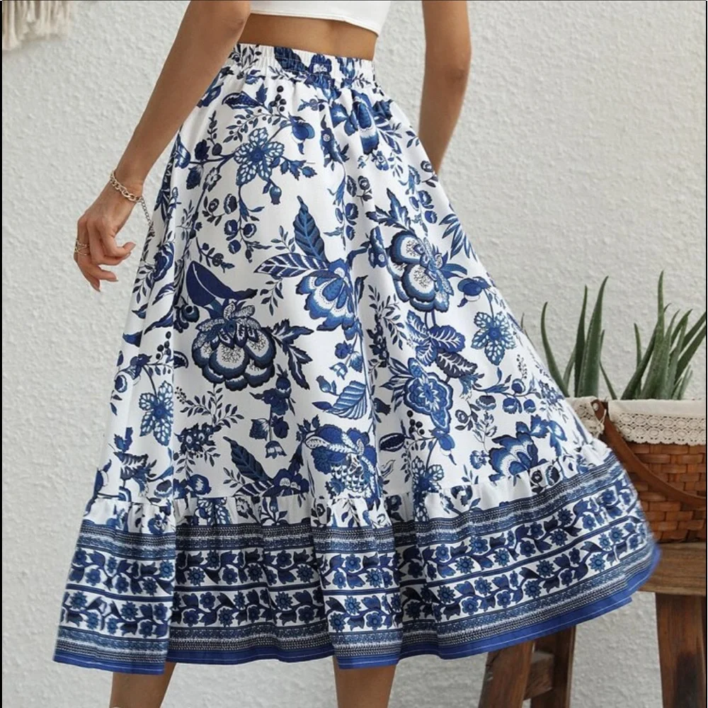 Boho Floral Print High Waist Maxi Skirt White Blue Cottagecore - Picture 3 of 6